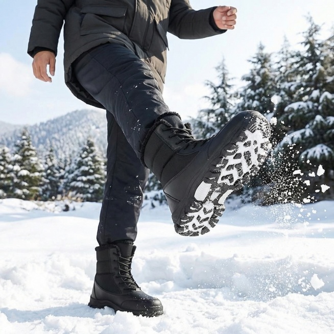 男子穿着这双鞋，在雪地中踢雪，一只脚抬起鞋底露出来预览效果