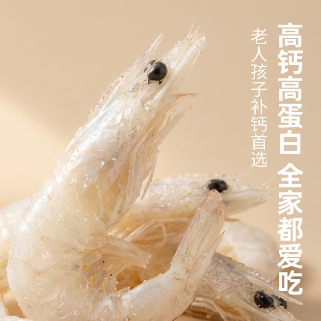 干虾皮细节卖点主图，新鲜食材实拍风格，清爽有食欲。画面用微距特写展示虾皮纹理：虾皮洁白通透，虾身纹理清晰，表面带着自然的细小海盐颗粒，黑色的虾眼清晰可见，质感饱满新鲜。背景为浅米色纯色干净背景，暖侧光预览效果