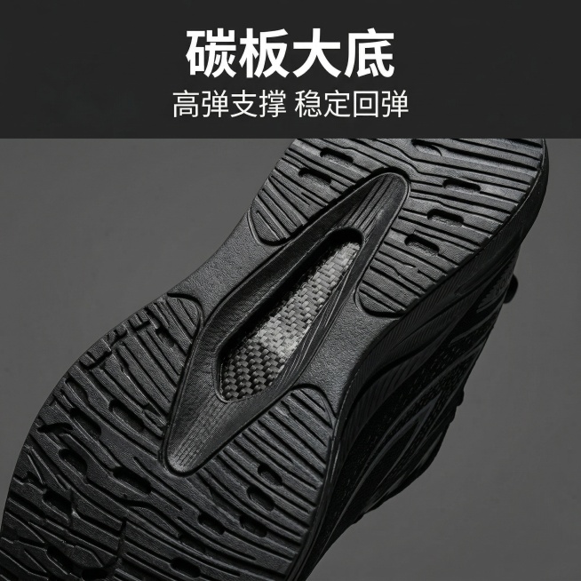 [主图 3] 鞋底碳板细节展示
[氛围/风格] 专业产品细节展示，清晰锐利，科技感。
[画面元素] 保持原黑色运动鞋产品外观不变，特写展示鞋底碳板结构，翻转让鞋底朝向镜头，突出碳板造型和鞋底防滑纹理，预览效果