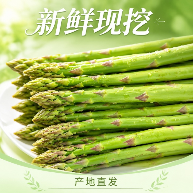 [主图-5] 芦笋新鲜度展示，突出产地直发卖点。
[氛围风格] 清新食欲感生鲜风格
[画质] 商业摄影质感、光线柔和通透、芦笋清晰真实、画面干净高级
[元素] 大量新鲜芦笋整齐码放在白色盘中，芦笋带水预览效果