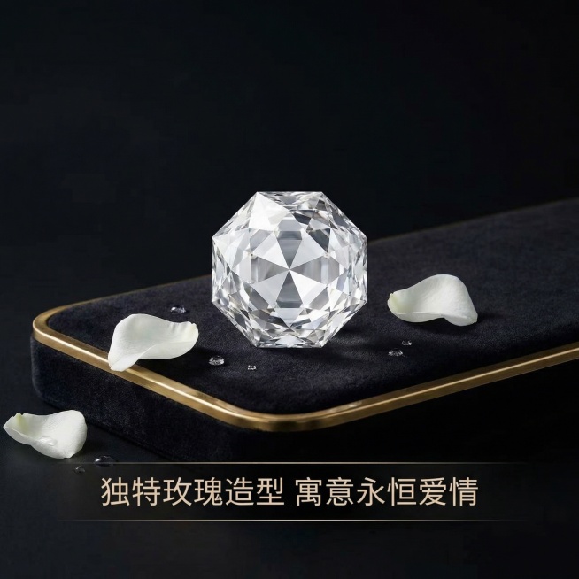 [主图 4] 保持白色玫瑰切钻石裸钻原有产品外观不变，多维度场景展示，高贵典雅奢华风格。展示裸钻放置在奢侈品珠宝托盘上的场景，周围搭配少量真玫瑰花瓣点缀，呼应"钻石如玫瑰"卖点。背景为深黑色哑光质感，预览效果