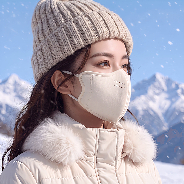 以参考图为基准做姿态角度调整：保持女性模特的面部、发型、奶白色针织毛线帽、米白色加厚羽绒服、雪山蓝天雪花背景完全不变；将模特头部和身体向画面右侧多转一点，形成更明显的侧面角度，重点把米白色立体保暖口罩的侧面展示清楚：侧面立体剪裁弧度、透气孔、同色包边、耳挂清晰可见；口罩的款式、颜色、材质细节保持原样不改变；人物构图位置与1:1方形比例保持，商业摄影质感，面部与口罩的遮挡关系自然，画面浑然一体。
