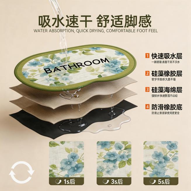 1:1正方形电商主图，极简高级电商风，低饱和度米杏色纯色背景，柔和漫反射光影，无多余杂物，画面干净高级，突出产品主体。核心主体是椭圆形浴室吸水地垫，浅草绿色全包圆角边，垫面仿亚麻织物纹理，米白底+清新预览效果