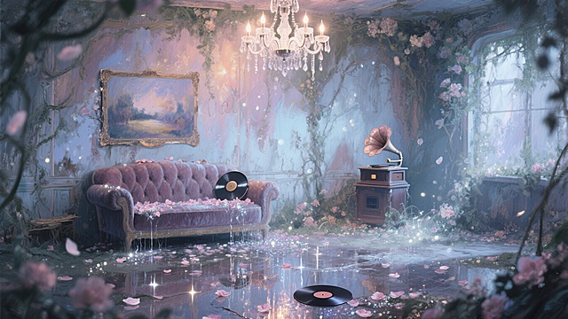 颓废美学风格，一间被藤蔓与繁花吞噬的废弃舞厅，中央的水晶吊灯在积水中碎裂，褪色的丝绒沙发上落满了花瓣，墙上的油画被水汽晕染，留声机的唱针在黑胶唱片上无声地旋转，氛围慵懒伤感，是一场永不落幕的旧时代挽歌，质感为带闪粉的油画