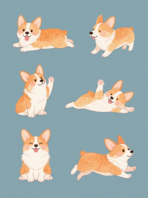 一组6个同系列水彩风格柯基犬插画，保持橙白相间毛色与细腻晕染质感，采用统一的纯色背景，每个柯基拥有完全不同的动态造型与角度：1.歪头吐舌摇尾，2.趴卧前爪托腮，3.站立抬爪作揖，4.侧躺四脚朝天，5.坐姿歪耳眨眼，6.奔跑中耳朵飞起，所有形象保持圆润可爱的卡通风格与温暖治愈的氛围，规整排布形成系列感。预览效果