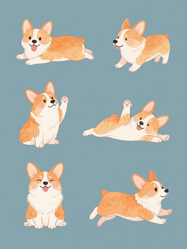 一组6个同系列水彩风格柯基犬插画，保持橙白相间毛色与细腻晕染质感，采用统一的纯色背景，每个柯基拥有完全不同的动态造型与角度：1.歪头吐舌摇尾，2.趴卧前爪托腮，3.站立抬爪作揖，4.侧躺四脚朝天，5.坐姿歪耳眨眼，6.奔跑中耳朵飞起，所有形象保持圆润可爱的卡通风格与温暖治愈的氛围，规整排布形成系列感。