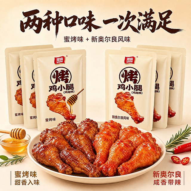 [淘宝-阿图零食铺-1:1主图5] 双口味全家福，两种口味一次满足。淘宝专业品质风格，暖橙米白主色调，深棕标题字，橙红强调色，粗笔刷书法大标题+黑体辅助文案，左上角雅客红色Logo，整体精致有食欲，专业靠谱感。画面中央是一大盘烤鸡小腿，左边颜色偏深的是蜜烤味，右边颜色偏橙的是新奥尔良风味，色泽区分明显。盘子后方整齐排列着多袋两种口味的包装袋，左边蜜烤味3袋，右边新奥尔良味3袋。背景干净的浅米色，底部有蜂蜜、辣椒、迷迭香等点缀。产品占画面约75%。柔和顶光，均匀照亮产品，色泽鲜艳真实，包装清晰，整体干净专业。背景浅米色，标题深棕色，两种口味分别用蜂蜜色和橙红色标注区分。顶部居中大标题"两种口味 一次满足"粗笔刷书法深棕字，下方小字"蜜烤味 + 新奥尔良风味"。左下角标注"蜜烤味 甜香入味"蜂蜜色字，右下角标注"新奥尔良 咸香带辣"橙红色字。1:1正方形，文字清晰可读，产品清晰不变形，无水印无平台Logo，无违禁词极限词。负向：变形、错字、模糊、杂乱、悬浮、穿模。