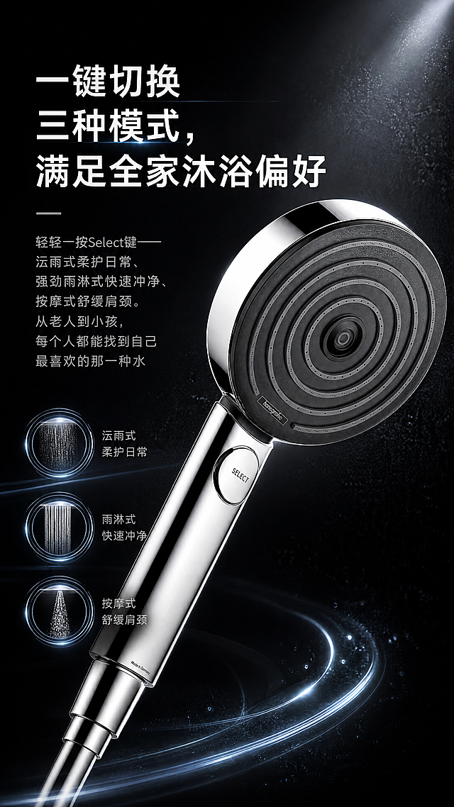 基于提供的淋浴喷头产品图，设计一张9:16竖版电商主图详情页，整体为黑色系高级电商风格，在图片合适位置清晰添加文案："一键切换三种模式，满足全家沐浴偏好
轻轻一按Select键——沄雨式柔护日常、强劲雨淋式快速冲净、按摩式舒缓肩颈。从老人到小孩，每个人都能找到自己最喜欢的那一种水"，突出产品科技质感