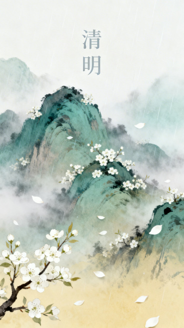 清明节主题，国风意境，画面中有春雨朦胧的青山，山间点缀着梨花，带着淡淡的思念氛围，整体色调清雅柔和，包含文字“清明”，国风插画风格预览效果