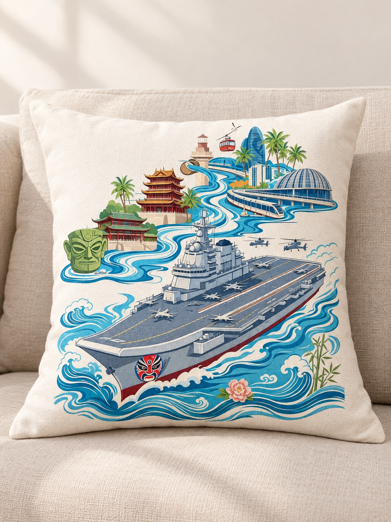 将这张插画作为主图案，满幅印制在一个方形抱枕的正面上。抱枕为米… - 图片创意预览