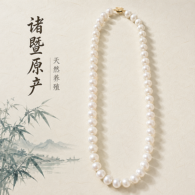 [主图-5] 珍珠项链原产地与礼赠展示。氛围风格：简约高级，自然质感；画质：商业摄影质感，清晰通透，高级氛围感。元素：天然淡水珍珠项链完整陈列，左下角搭配小份量诸暨山水青竹装饰元素，体现原产地养殖自然属性；保持珍珠项链原有外观、大小、颜色排列与输入产品图绝对一致，杜绝变形色差。背景使用浅米白色素雅宣纸纹理，整体风格文雅简约；项链主体占比约60%，画面满屏无边框。光影：柔和自然散光，凸显珍珠温润珠光，光影干净层次清晰。配色：浅米底，淡青色装饰，珍珠乳白，整体素雅配色。文字版式：左侧竖排文案，大字"诸暨原产"，细体书法风格字，辅助小字"天然养殖"，字体大小对比清晰，不遮挡产品主体。比例分辨率：1:1比例，2048px分辨率，文字清晰锐利，超高清。负向提示词：变形，水印，文字错乱，背景杂乱，元素堆砌，抢主体。