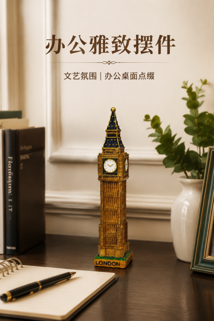 2:3竖版英伦大本钟摆件电商主图，展示产品摆放在商务办公桌角落的办公场景，搭配笔记本钢笔简约绿植小道具，英伦复古写实商业摄影，角落场景构图，浅米白色背景带简约欧式线条，柔和漫射光，浅景深虚化背景，顶部预览效果