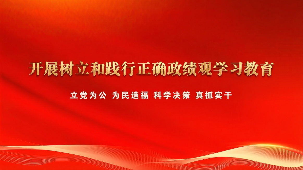 保留原图所有文本内容不变，优化设计，将主题文字“开展树立和践行正确政绩观学习教育”改为金色，将副标题“立党为公 为民造福 科学决策 真抓实干”改为白色，背景保持红色渐变并保留底部浅金色波浪线条，整体保预览效果