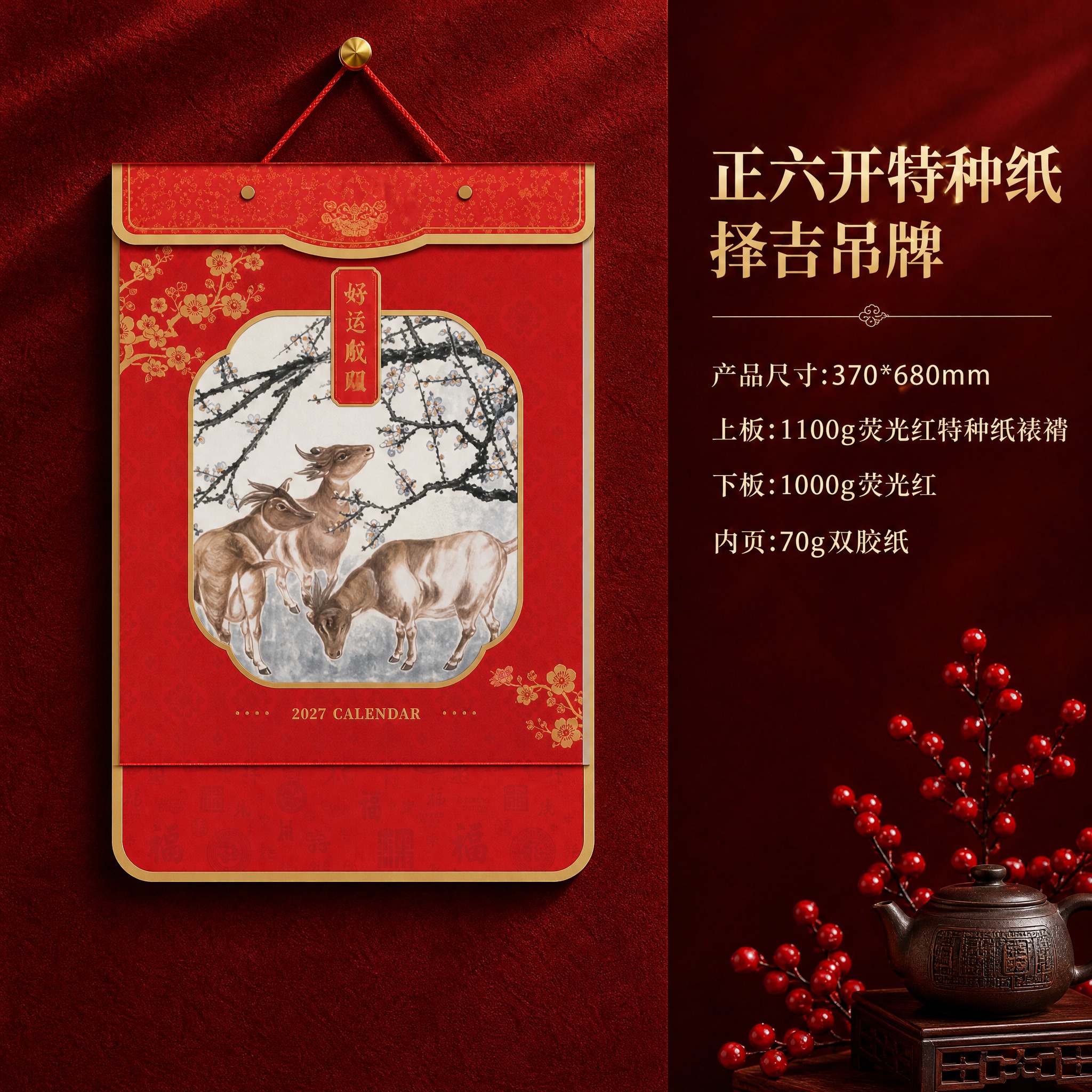 挂历产品保持原样不变，白色背景替换为深红色绒面质感背景墙，金色… - 图片创意预览