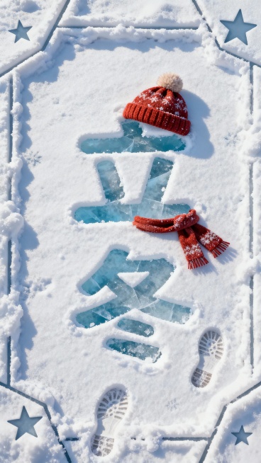 俯视视角，画面主视觉是雪地中的 “立冬”文字（字体圆润可爱），文字部分像被踩踏，露出淡蓝色冰面。雪质细腻带自然纹理，装饰帽子、围巾、足迹，搭配雪堆成的几何线条、星星元素作为边框。预览效果