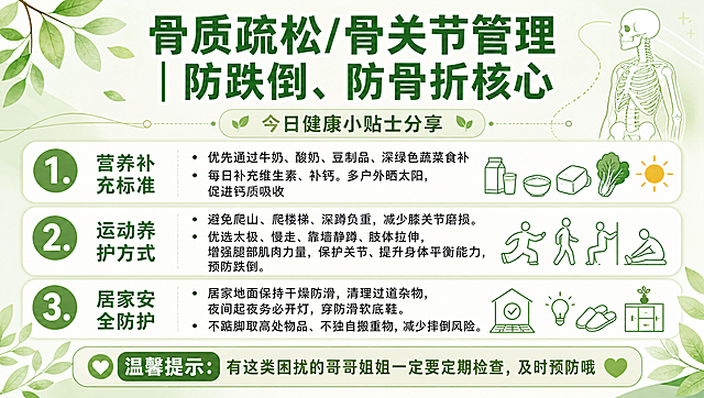 清新简约风格，浅绿淡雅背景适配银龄人群的健康科普公众号海报，画面排版整洁分区清晰，字体大小适合50岁人群清晰查看。添加浅绿叶子骨骼等简约装饰图案。
文案必须完整包含：
主标题：骨质疏松/骨关节管理｜防跌倒、防骨折核心
小标题：今日健康小贴士分享
1.营养补充标准
优先通过牛奶、酸奶、豆制品、深绿色蔬菜食补
每日补充维生素、补钙。多户外晒太阳，促进钙质吸收

2.运动养护方式
避免爬山、爬楼梯、深蹲负重，减少膝关节磨损。
优选太极、慢走、靠墙静蹲、肢体拉伸，增强腿部肌肉力量，保护关节、提升身体平衡能力，预防跌倒。

3.居家安全防护
居家地面保持干燥防滑，清理过道杂物，夜间起夜务必开灯，穿防滑软底鞋。
不踮脚取高处物品、不独自搬重物，减少摔倒风险。

温馨提示：有这类困扰的哥哥姐姐一定要定期检查，及时预防哦
所有文字必须清晰可读，排版舒适，留白合理，整体风格简洁温馨自然