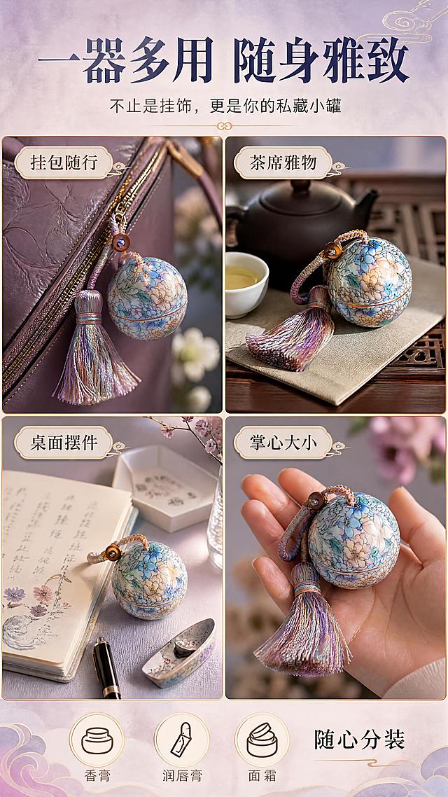 [商品] 使用【图1】景德镇手绘万花陶瓷香囊吊坠罐；保留球形罐体、手绘万花纹样、渐变流苏挂绳、木珠扣；真实功能为挂饰+分装罐；商品处理：保留全部纹样颜色，增强釉面质感，不同场景中分别展示挂饰状态和摆放状态。
[画面] 页面目标：场景种草，展示多种日常使用场景，激发购买欲。构图：2x2四宫格拼图，每格一个场景。左上：挂在包包拉链上的随身挂饰；右上：放在中式茶席上的雅致摆件；左下：放在书桌手账旁的文艺小物；右下：握在手心的大小参照。每格之间有细金色分隔线。阅读动线：顶部标题→四格场景→底部总结语。
[视觉] 套系策略：风格=国风雅致新中式商业摄影；标题字=宋体衬线粗体；正文字=简洁无衬线体；主色=莫兰迪粉紫蓝；背景延展=基于粉紫蓝做深浅层级、同色渐变和宣纸/大理石质感；强调色=鎏金色，仅用于小面积图标、引线和标签；标题色=深墨蓝；正文色=中暖灰；组件=圆角浅底信息卡、细线引线、中式云纹点缀；光影=左前侧暖柔光，陶瓷表面有柔和高光反射。
[文字] 顶部主标题「一器多用 随身雅致」，副标题「不止是挂饰，更是你的私藏小罐」；四格每格配小字标签：「挂包随行」「茶席雅物」「桌面摆件」「掌心大小」；底部一行总结：「香膏/润唇膏/面霜 随心分装」。文字不遮挡产品主体。
[规格] 图片比例9:16竖版，4K分辨率，避免变形、错字、文字过小、冷蓝灰背景、陶瓷颜色改变、纹样失真。