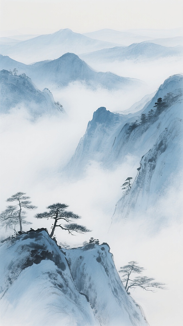中国传统水墨风格山水画，以淡蓝色与白色为主要色调，画面整体呈现出宁静、悠远、空灵的氛围。采用湿画法与留白技巧，墨色浓淡层次丰富，笔触柔和而富有流动感，勾勒出连绵起伏、形态变化的山峦轮廓。山间弥漫着轻盈缥缈的云雾，云雾以虚化的水墨晕染效果呈现，与山体交融自然。近景处几棵挺拔的松树以简洁的线条勾勒，点缀于山峰之上，增添生机。构图采用纵向延伸的布局，视觉上由近及远层层递进，营造出深远的空间感和朦胧诗意。