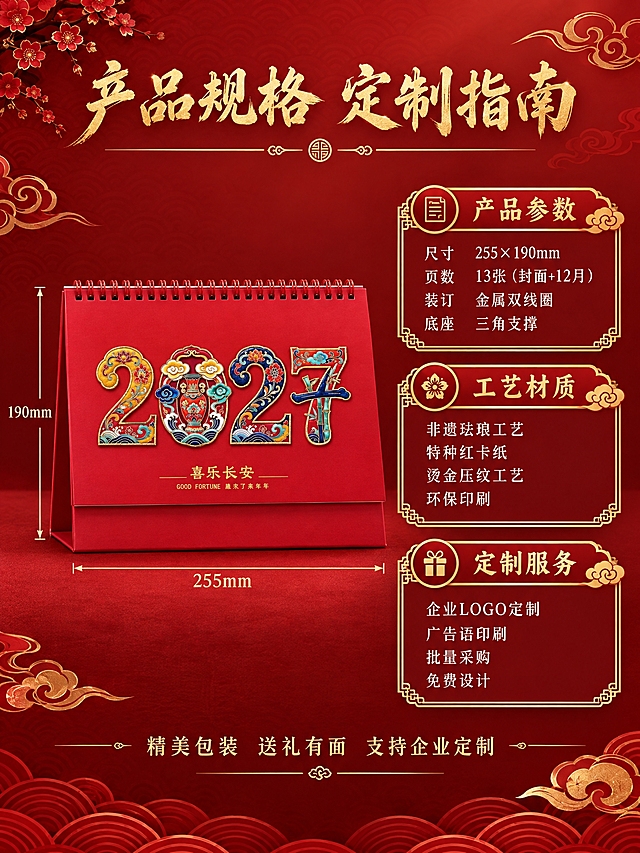 [商品] 使用【喜乐长安款】台历图作为产品标准展示；严格保留2027数字珐琅造型（数字0中宝瓶祥云造型）、底部"喜乐长安"烫金小字、红色线圈和三角底座；产品外观与原图完全一致。
[画面] 页面目标：规格信息与礼赠指南，清晰展示产品参数和定制说明。构图：左图右文布局，左侧约45%为台历正面标准照，台历旁有尺寸标注线（宽255mm、高190mm）；右侧约55%为规格信息区，分为三个金色边框信息卡片竖向排列；背景为深红渐变，顶部有标题，底部有服务承诺文字；整体信息清晰，层级分明。
[视觉] 套系策略：风格=国潮非遗高端商业摄影；标题字=大气烫金书法体；正文字=精致宋体；主色=中国红；背景延展=深红渐变+金色祥云纹样+暗纹底纹；强调色=烫金色，仅用于标题、图标、装饰线条和珐琅描边；标题色=烫金色；正文色=米白色；组件=祥云纹金边卡片、传统回纹边框、圆形印章元素；光影=正面均匀柔光，产品清晰锐利，信息卡片干净整洁。
[文字] 顶部主标题"产品规格 定制指南"烫金书法体居中；右侧三个信息卡片：第一个卡片标题"产品参数"，内容为"尺寸 255×190mm  页数 13张（封面+12月）  装订 金属双线圈  底座 三角支撑"；第二个卡片标题"工艺材质"，内容为"非遗珐琅工艺  特种红卡纸  烫金压纹工艺  环保印刷"；第三个卡片标题"定制服务"，内容为"企业LOGO定制  广告语印刷  批量采购  免费设计"；卡片标题为金色粗体，内容为米白色宋体；底部"精美包装 送礼有面 支持企业定制"金色小字；尺寸标注文字清晰；所有文字横排。
[规格] 图片比例3:4竖版，2K分辨率，避免变形、错字、文字过小、参数错误、颜色失真、平台Logo水印。