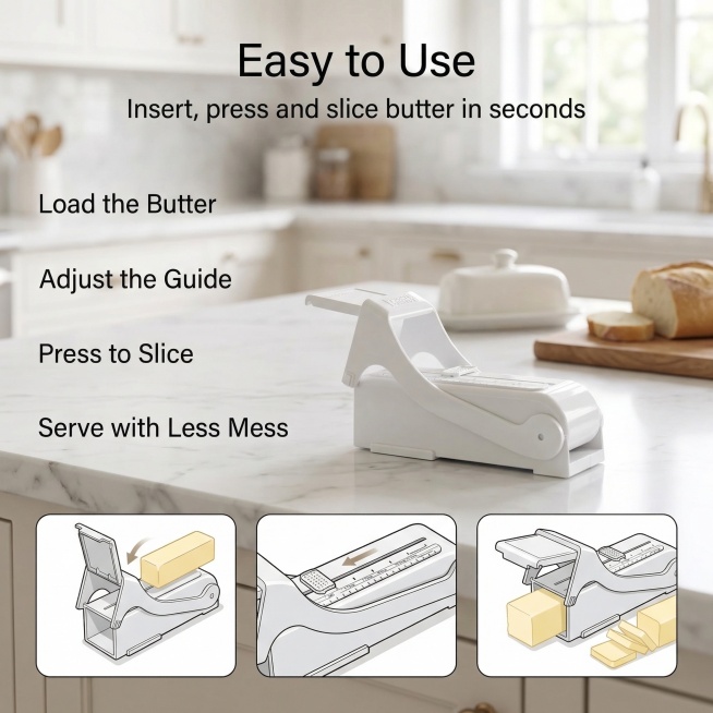 8K realistic Amazon lifestyle infographic, white butter slicer placed on a bright modern kitchen cou预览效果