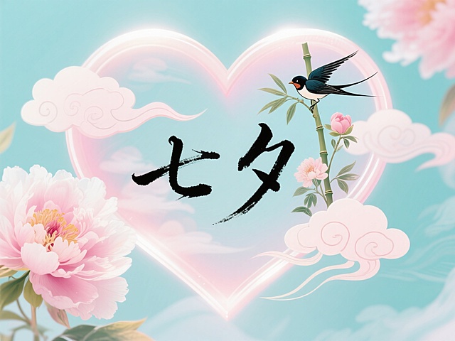 梦幻清新插画风，浪漫国潮七夕节，大字“七夕”点缀心形背景。