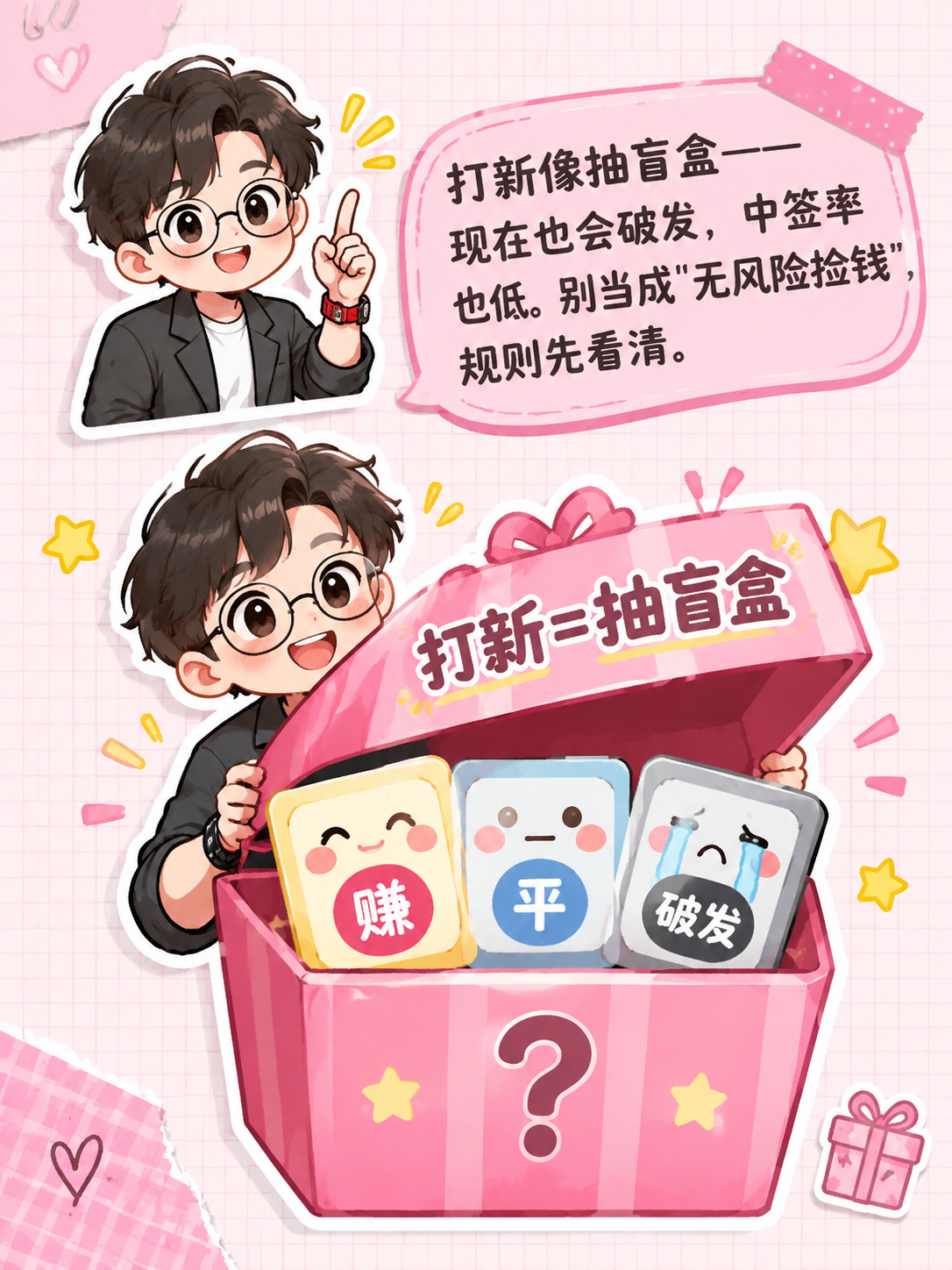 小红书笔记内页插图，问题三：打新稳赚吗，手账拼贴科普风，版式精… - 图片创意预览