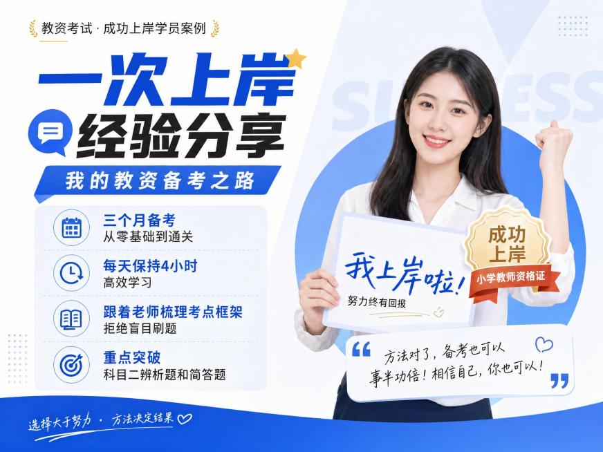 教资考试成功上岸学员案例海报，现代简约设计风格，包含标题"一次上岸经验分享"，文字内容：三个月备考从零基础到通关，每天保持4小时高效学习，跟着老师梳理考点框架，拒绝盲目刷题，重点突破科目二辨析题和简答预览效果
