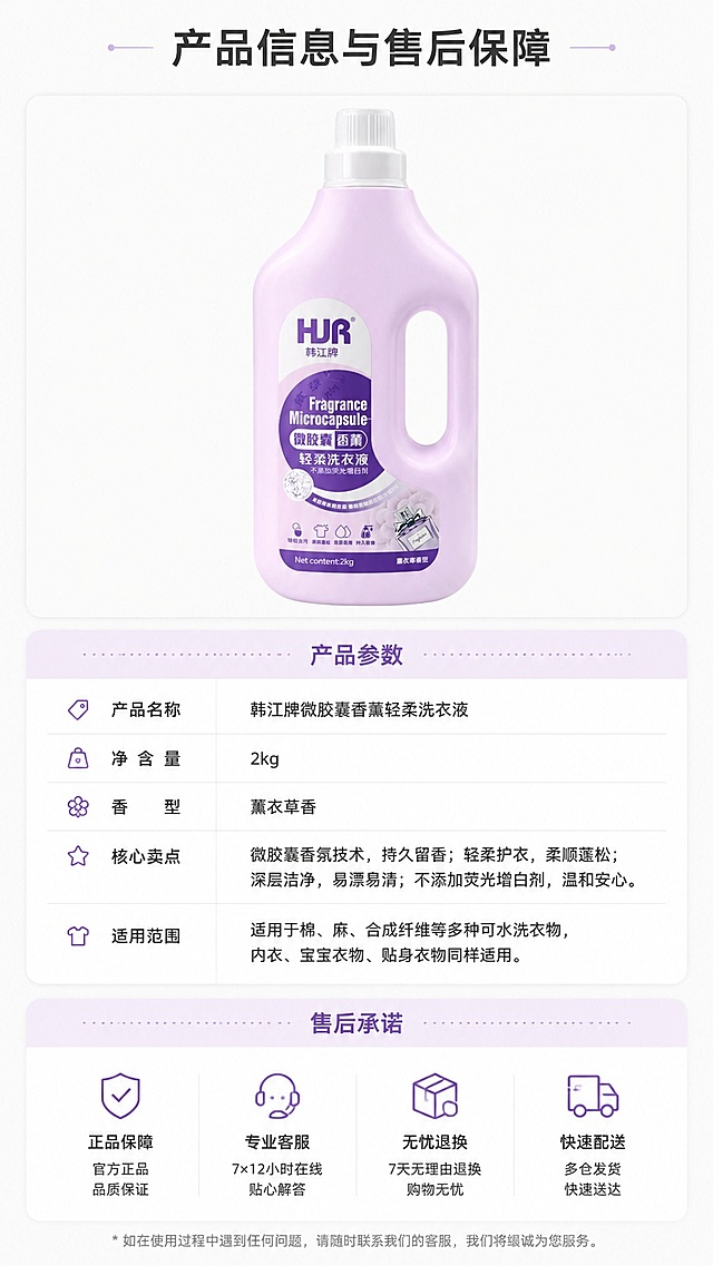 「图片1」，生成详情页，商品名称为韩江牌微胶囊香薰轻柔洗衣液，适配京东平台，单图比例为9:16，需求屏数为8张，卖点是创新微胶囊凝香技术，微胶囊层层包裹香气，随摩擦释放芳香