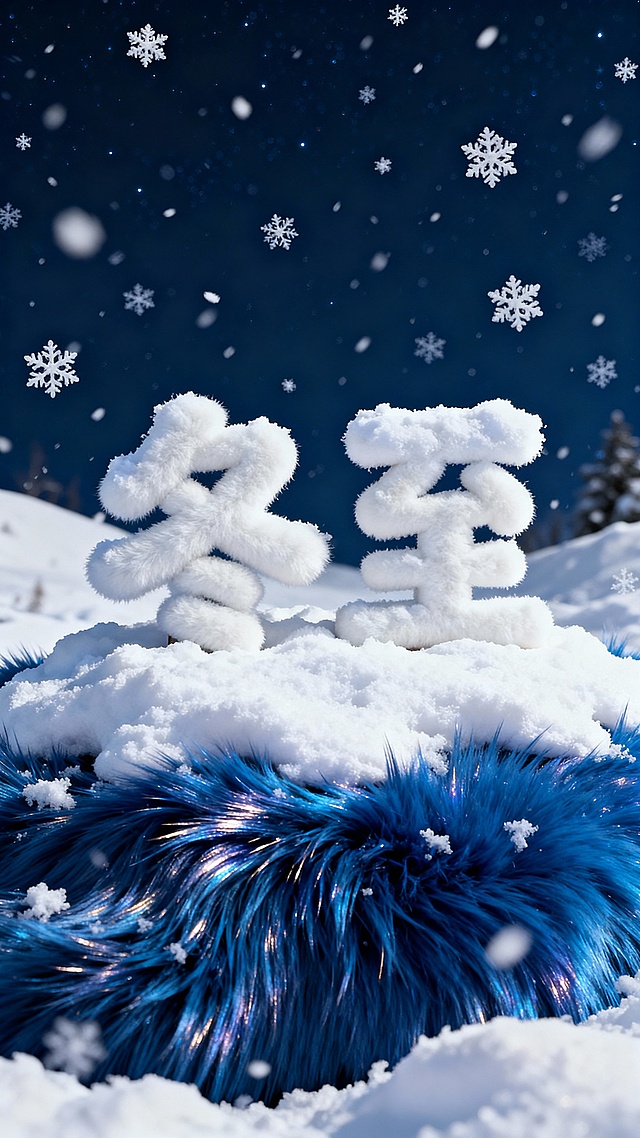 梦幻雪夜中，毛茸茸的“冬至”字样立于雪地，蓝绒毛环绕，3D重拟物风格营造温馨体积感，虚拟现实般呈现冬日童话。
