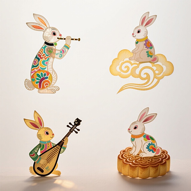4个明亮的彩色拟人化玉兔素材（2X2规整排布），带有不同动作：1、吹笛子，2、坐在祥云上，3、弹琵琶，4、坐在月饼上。纯白色背景