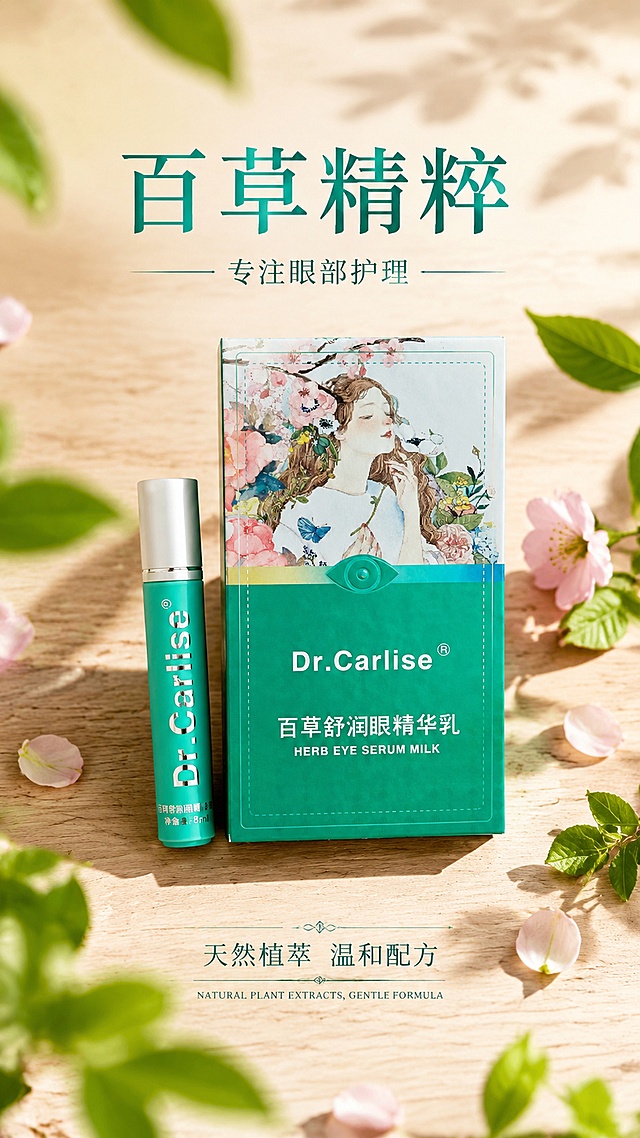 品牌理念宣传海报，百草精粹专业眼部护理
[文字]
主标题：百草精粹
副标题：专注眼部护理
装饰文案：天然植萃 温和配方
[画面]
产品包装盒和精华瓶一起放置在浅原木纹理背景上，周围散落新鲜绿叶和樱花花瓣，前景虚化叶子营造景深。产品100%还原外形包装logo文字，保持和上传图一致
光影：柔和自然光，整体温暖通透
[配色] 原木暖调搭配薄荷绿产品，自然清新高级
[版式] 上标题，中产品组合，下品牌宣言，排版精美简约大气
[画质] 商业摄影，超高清4K
[比例] 9:16
[负向提示词] 变形，文字模糊，遮挡产品主体