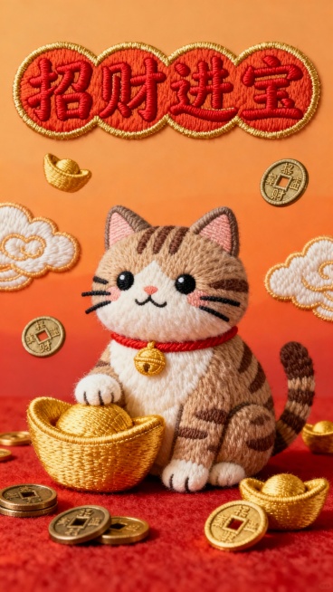 一幅以暴富发财为主题的毛绒质感刺绣风格图像，金色元宝旁有一只蹲坐的招财猫，背景是温暖的橙色和红色渐变，周围散落着有立体刺绣质感的金色祥云、铜钱、金元宝。上方是红色的“招财进宝”二字，采用圆润可爱的字体预览效果