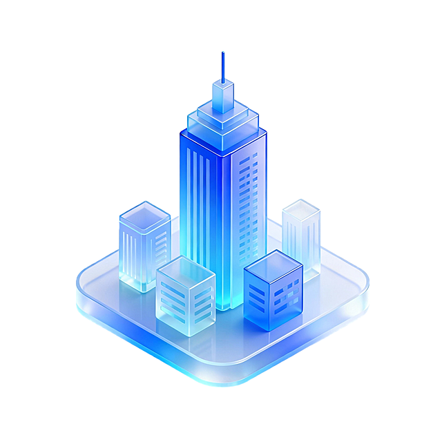 2.5D图标，可视化风格，中间有主体建筑，周围有附属建筑，毛玻璃风格，科技蓝，细节简洁，背景透明，智慧城市