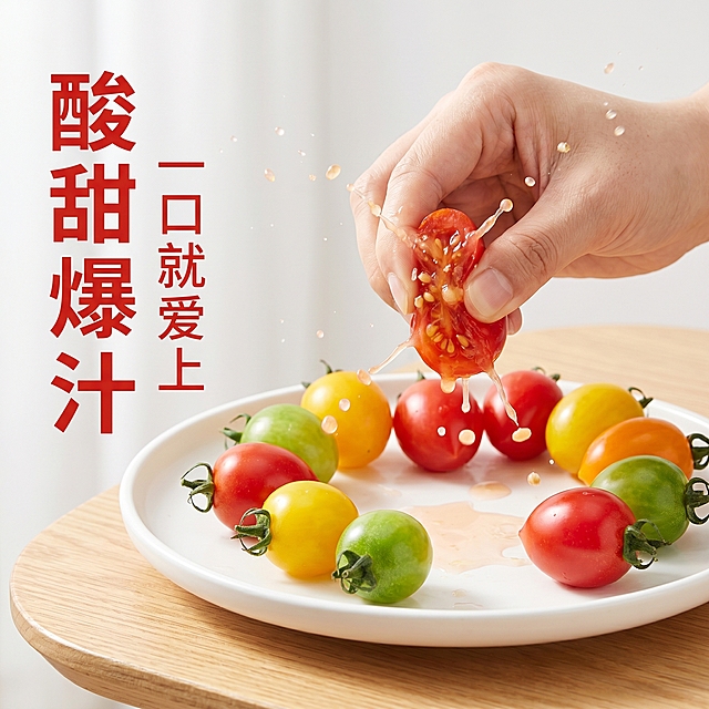 [主图 4] 寿光七彩小番茄爆汁体验场景展示。[氛围风格] 真实生活食用场景，动态诱人食欲。[画质] 商业摄影质感、光线柔和通透、产品清晰真实、画面干净高级，商品主体占比70%，大图满铺无边框。[元素] 保持七彩小番茄原有色彩和形态，捕捉手捏小番茄瞬间果汁飞溅的动态画面，手捏的小番茄放在画面中心，周围散落几颗完整新鲜小番茄，搭配干净的白色瓷盘，背景是简约北欧餐桌，自然清新。保持小番茄外观颜色形状与输入图片绝对一致，杜绝任何变形和色差，精细化处理。[光影] 自然餐桌柔光，果汁飞溅形成高光点，突出动态爆汁的诱人效果。[配色] 番茄多彩颜色为主，背景浅白和浅木色，简洁干净。[视角构图] 平视抓拍视角，动态中心构图，冲击力强。[文字版式] 左侧大字“酸甜爆汁”红色粗体醒目，辅助小字“一口就爱上”在下方，不遮挡主体。[比例分辨率] 1:1比例，2k分辨率，文字清晰可辨，超高清。[负向提示词] 变形，水印，文字错乱，产品图模糊，背景杂乱，牛皮癣，配色刺眼，遮挡主体。