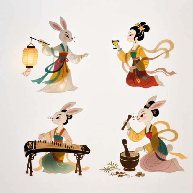 4个明亮的彩色拟人化玉兔版嫦娥素材（2X2规整排布），带有不同动作：1、提灯笼，2、弹古筝，3、喝清酒，4、捣药。纯白色背景预览效果