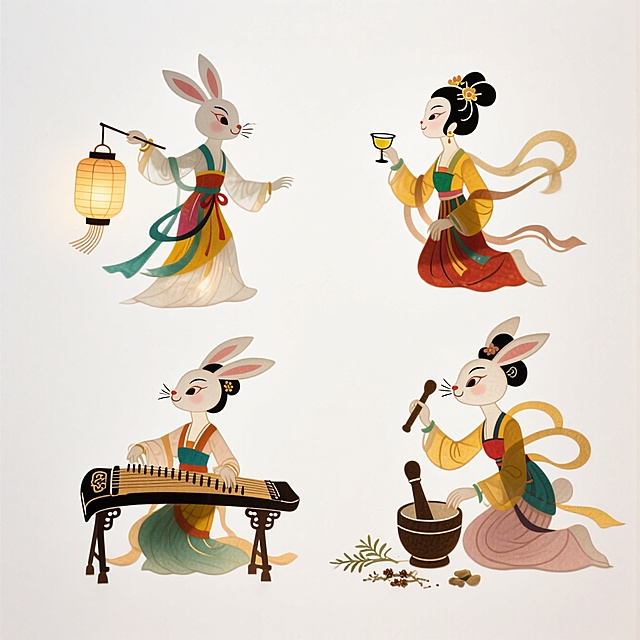 4个明亮的彩色拟人化玉兔版嫦娥素材（2X2规整排布），带有不同动作：1、提灯笼，2、弹古筝，3、喝清酒，4、捣药。纯白色背景