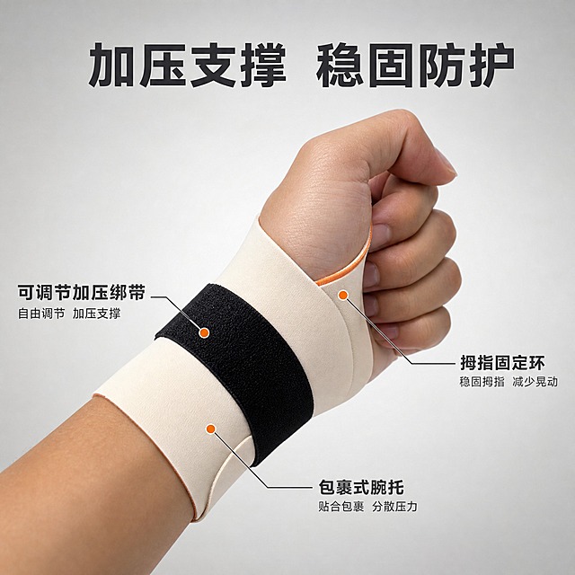 [主图-2] 核心亮点 加压支撑结构展示 京东主图
[统一基调] 京东风格 简洁稳重 品质专业感 浅灰渐变背景 主标题深灰近黑色 辅助文案中灰色 强调色为暖橙色 字体为无衬线粗体 标题字号大 说明文字缩小50%以上 整体文字占比小于30% 一图一重点
[画面] 画面主体为佩戴护腕带的手部侧视角特写 重点展示黑色魔术贴绑带的加压结构和拇指固定环设计 用3条引线标注指向3个核心结构点 分别指向拇指固定环 黑色加压绑带 腕部包裹区 每个标注配简短说明文字 手部呈自然放松微握姿态 护腕带贴合手腕曲线 主体占画面约70% 背景为浅灰渐变 顶部留空放主标题
[光影质感] 商业摄影质感 侧前方主光 突出护腕带的立体结构和绑带厚度 阴影柔和 材质呈现弹性布料的真实质感 魔术贴纹理清晰
[配色] 背景浅灰渐变 标题深灰色 引线和标注文字中灰色 强调点用暖橙色小圆点标识 护腕带保持米白+黑+橙真实配色
[文字版式] 顶部居中主标题"加压支撑 稳固防护" 字体大而醒目 3条引线标注分别为"拇指固定环""可调节加压绑带""包裹式腕托" 文字放在产品周围负空间 不遮挡主体 字体统一无衬线
[输出要求] 1:1正方形 2048*2048 文字清晰可读 产品清晰锐利 结构标注准确 无变形 无错字 无模糊 无水印 无平台Logo 无手部畸形