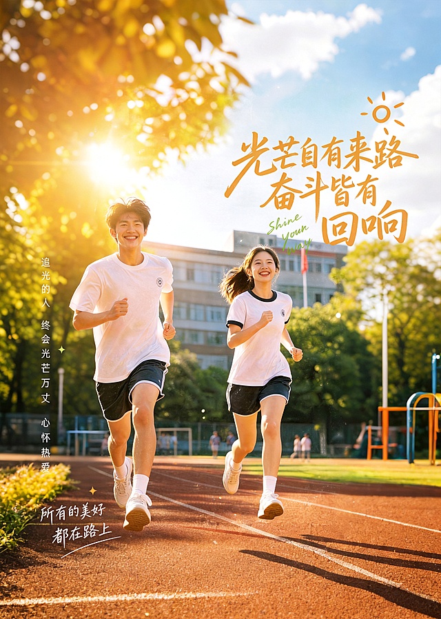 基于原图，将人物和字体整体等比例放大适配A3尺寸，保留所有文案和原有青春阳光奔跑的校园风格，画面不变形，色调和氛围和原图一致，标题为"光芒自有来路，奋斗皆有回响"，A3大小
