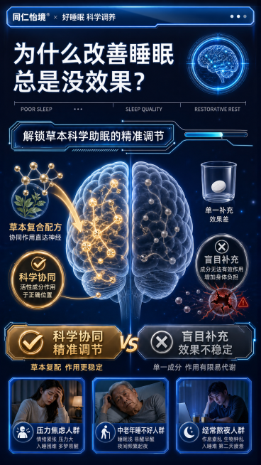 「图片1」仿照这张图，生成一张有关改善睡眠的详情图，中间的骨骼改成有科技感的脑模型图预览效果