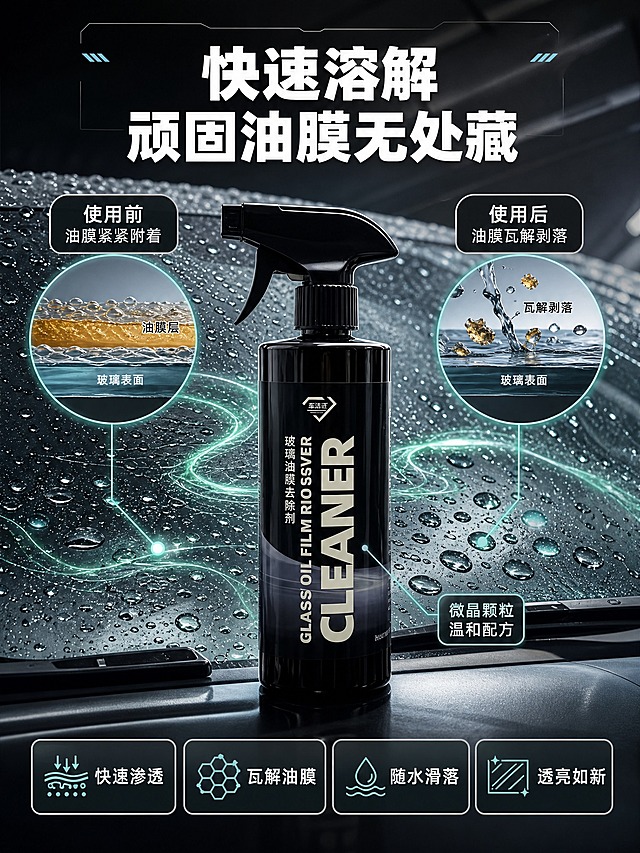 [商品] 使用【图1】黑色瓶身玻璃油膜去除剂；保留黑色瓶身、白色英文CLEANER大字、GLASS OIL FILM REMOVER字样、中文标签、黑色按压喷头、瓶身比例和材质。
[画面] 第3张功效原理页，目标是解析快速溶解油膜的作用机理。产品放在汽车挡风玻璃前方，玻璃表面布满晶莹水珠和水波纹，绿色电光特效线条环绕水珠流动，象征微晶颗粒活性成分渗透瓦解油膜。左右两侧各有一个圆形放大微观插图：左侧圆形内是使用前油膜层紧紧附着玻璃表面的分层结构示意，右侧圆形内是使用后油膜层瓦解剥落随水滑落的示意。产品占画面约35%，居中偏下。
[视觉] 套系策略：风格=灰色机械风高清写实商业摄影；标题字=黑体粗字；正文字=简洁黑体；主色=深灰黑；背景延展=基于深灰黑做深浅层级、同色渐变和金属机械质感；强调色=科技蓝绿，仅用于喷雾高光、图标和引线；标题色=白色；正文色=浅灰色；组件=圆角标签、细线引线、编号胶囊；光影=左前侧明亮商业打光，高饱和度，干净通透。
[文字] 顶部大标题："快速溶解 顽固油膜无处藏"；两个圆形插图上方分别标注"使用前 油膜紧紧附着""使用后 油膜瓦解剥落"；底部四个圆角标签横向排列："快速渗透""瓦解油膜""随水滑落""透亮如新"；中间产品旁小字说明："微晶颗粒温和配方"。所有文字横排，不遮挡主体。
[规格] 图片比例3:4竖版，2K，避免变形、错字、文字过小、产品颜色改变、结构失真、水印、平台Logo。