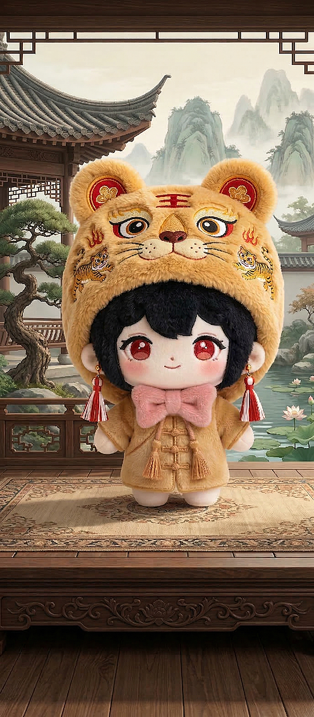 将娃娃的衣服颜色调整为和虎头帽相近的色调，衣服的款式造型保持不变，整体质感、背景也保持原有效果