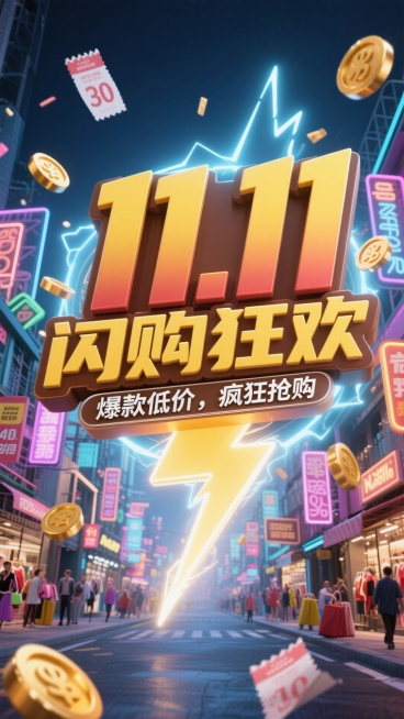 主标题"11.11闪购狂欢"，渐变3D字体，颜色为棕黄色，带有闪电特效；副标题"爆款低价，疯狂抢购"银白色，搭配光效增强动感。背景为霓虹灯装饰的购物街区，街头有很多折扣牌和特卖标语，四周飞舞着优惠券、预览效果