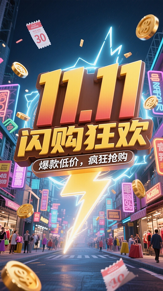 3D霓虹都市夜景，鎏金大字闪耀，电光穿街而过，金币与优惠券飞舞，融合city pop与未来科技感，营造极致双十一促销狂欢氛围。