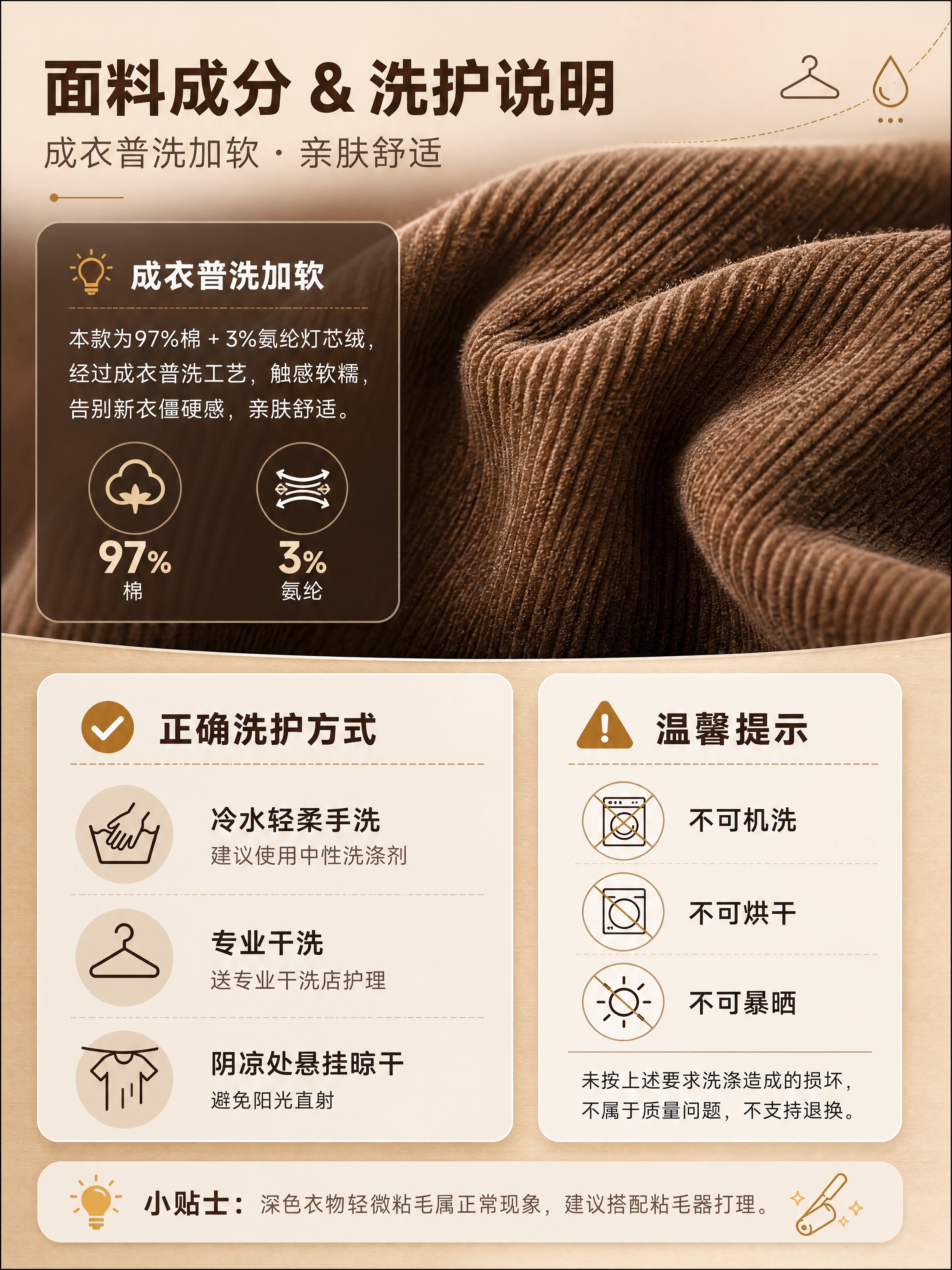 [商品] 无产品图，以咖色灯芯绒面料质感和洗护图标为视觉主体；… - 图片创意预览