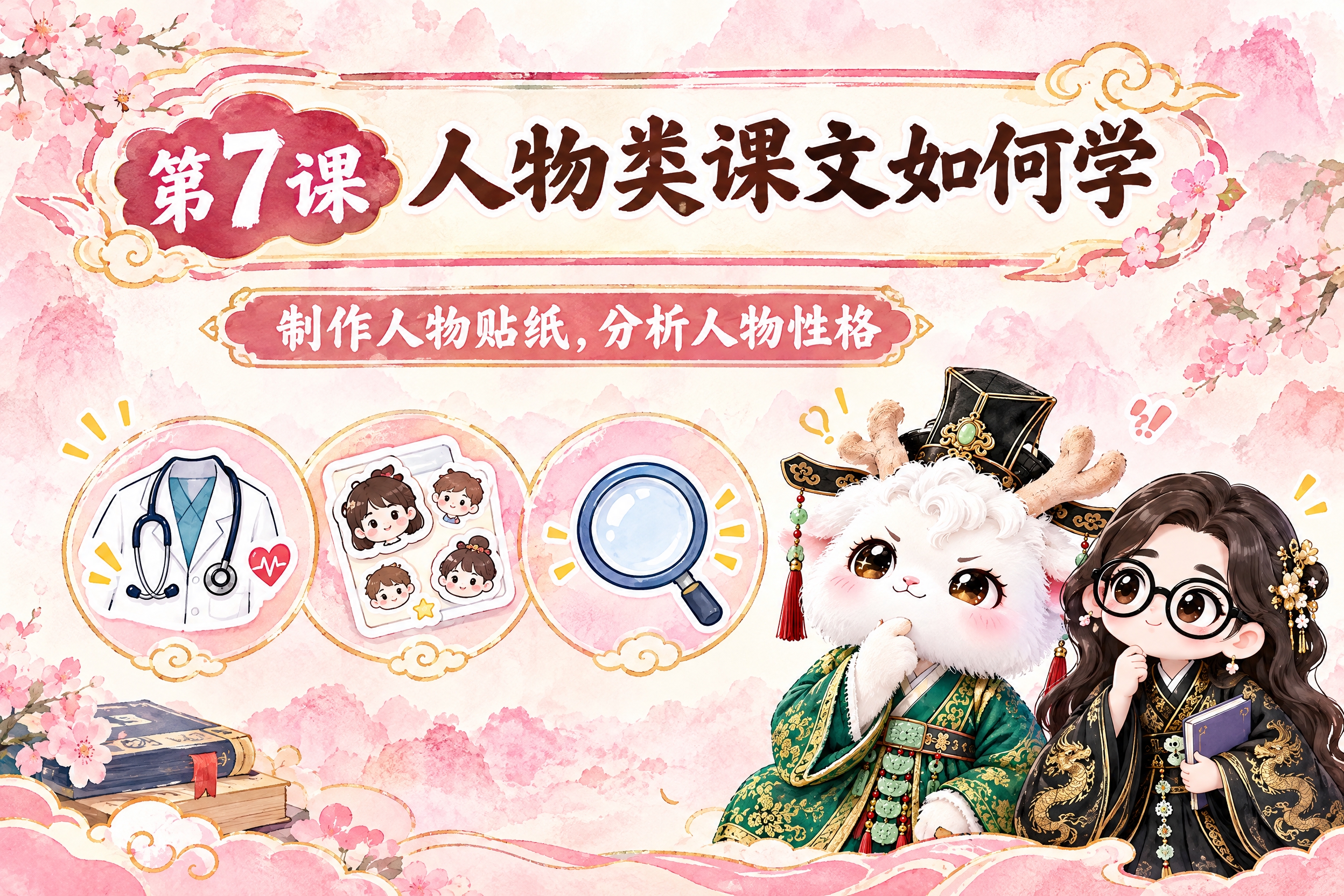 横版6寸比例的课程封面设计，大标题为"第7课 人物类课文如何学… - 图片创意预览
