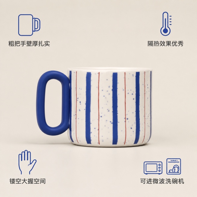 「图片1」，生成电商主图（5张），商品名称是克莱因蓝条纹创意马克杯，卖点是粗把手壁厚扎实，隔热效果优秀，镂空结构指握空间充足，可进微波炉、洗碗机，釉面致密不易挂茶渍咖啡渍，日常好清洗；哑光釉工艺不易留预览效果