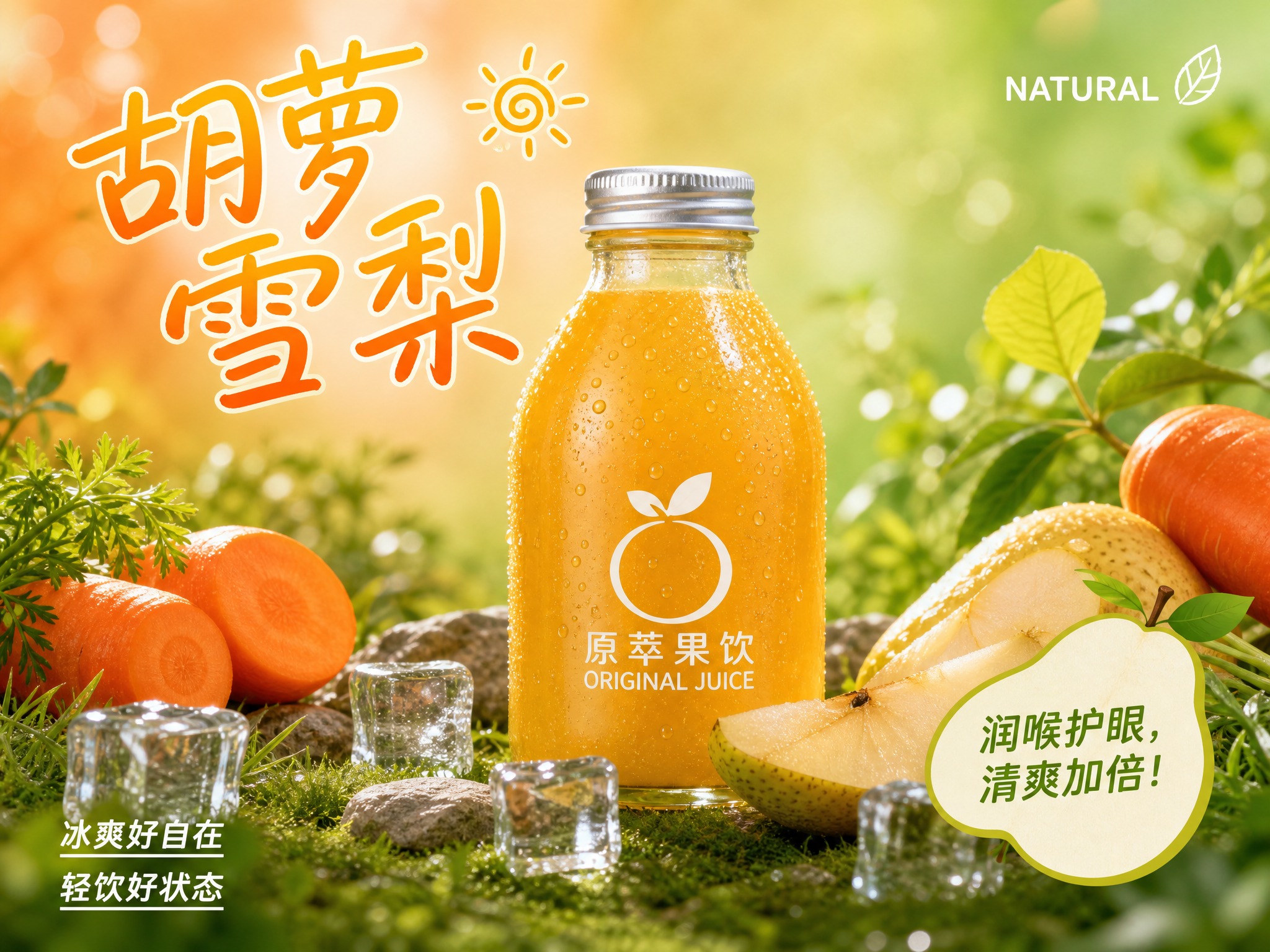 胡萝卜雪梨汁鲜榨果汁广告海报，4:3横版比例。画面中央是一瓶透… - 图片创意预览