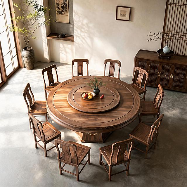 将图片视角改成正景俯视角度，保留所有元素：胡桃木圆形餐桌、八把餐椅、桌上的果盘绿植、左侧绿植陶罐、右侧木柜和墙面装饰，保持原有禅意风格和光影效果不变