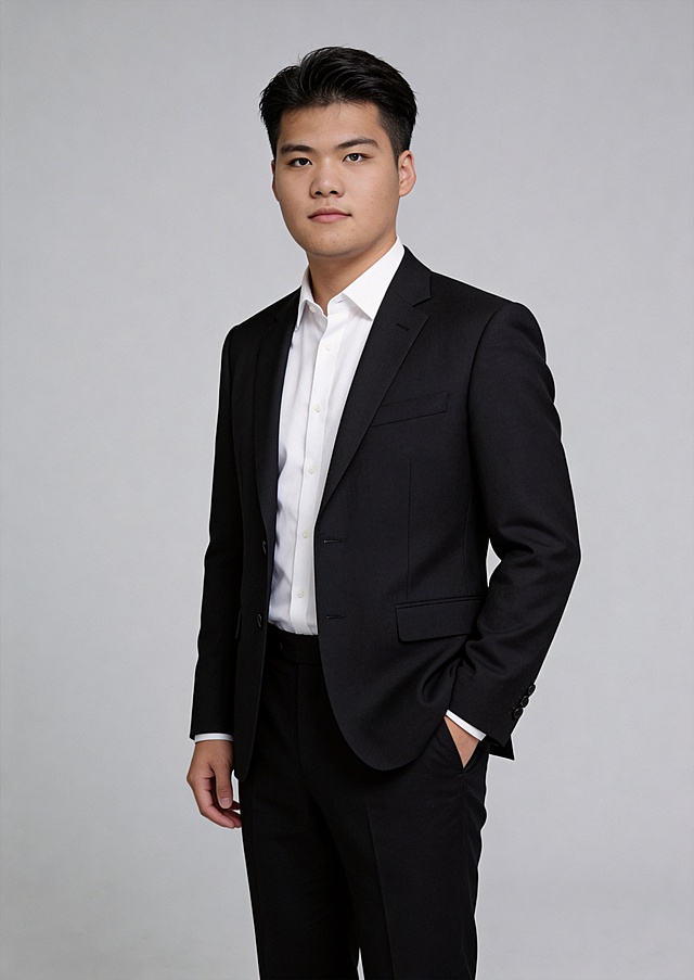 参考原图人物脸型、五官特征，修改为工整整齐不凌乱的发型，保留正装全身照，身穿深黑色精纺羊毛混纺西装西裤，内搭白色高支棉衬衫，自然站姿左手插兜，简约中度灰色纯色背景，32k超高分辨率，细节清晰，专业商务形象照，肤质处理保持细腻干净