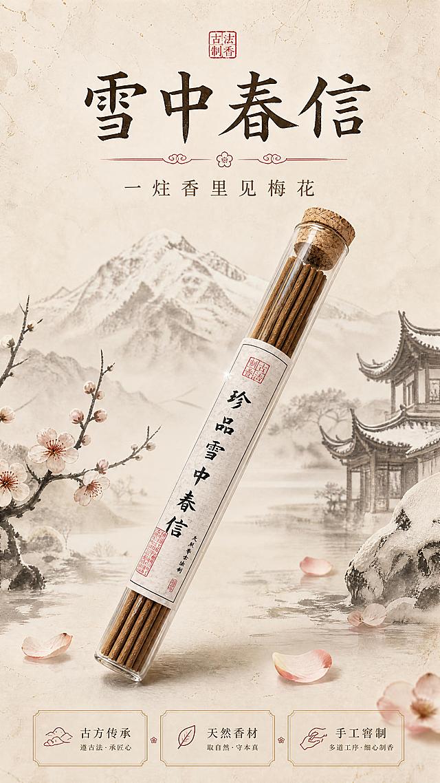 [商品] 使用【图1】雪中春信线香玻璃管包装成品；保留玻璃试管、软木塞、白色纸质标签上的「珍品雪中春信」「古法制香」等全部文字与红色印章，保留线香棕褐色与细密纹理，保留标签的宣纸质感与竖排书法字体；商品处理：清晰化标签文字，增强玻璃通透感与线香纹理质感，不改变商品结构、颜色和比例。
[画面] 页面目标：首屏KV海报，营造雪中春信古雅意境，第一眼打动消费者。构图：居中偏上放置线香玻璃管，产品占画面约55%，斜向45度优雅摆放；前景散落几片梅花花瓣，中景为淡墨山水晕染，远景为朦胧雪山与古建飞檐剪影；阅读动线从上至下，上方主标题，下方副标题与短卖点。
[视觉] 套系策略：风格=东方新中式国风商业摄影，雅致禅意；标题字=宋体书法结合体，端庄雅致；正文字=纤细宋体，清雅易读；主色=米白宣纸色+暖棕木色；背景延展=基于米白宣纸做深浅晕染、水墨肌理、洒金质感层次；强调色=朱砂红，仅用于小面积印章、点缀线条和标签高亮；标题色=深炭褐；正文色=暖棕灰；组件=细线描边信息卡、朱砂印章元素、云纹分隔线；光影=左上侧柔和自然光，暖调漫射，营造静谧禅意。
[文字] 上方居中主标题「雪中春信」，副标题「一炷香里见梅花」；下方左右分布3个短卖点：「古方传承」「天然香材」「手工窨制」；文字均为横排，不遮挡线香主体与标签核心文字。
[规格] 图片比例9:16竖版，4K分辨率，负向提示：避免变形、错字、文字过小、冷蓝灰背景、现代塑料感、商品标签文字错乱、绝对化用语。